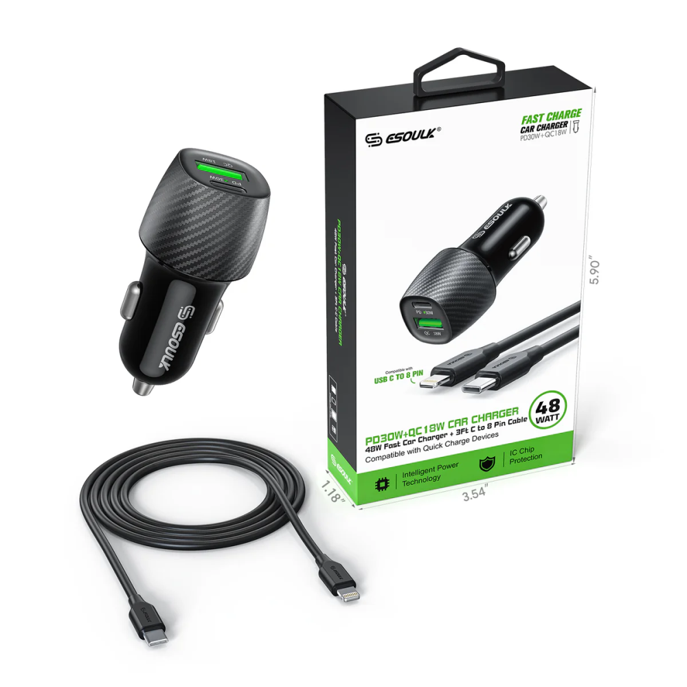 48W PD&QC CAR CHARGER +3FT USB-C TO USB-C to 8 Pin Lightning Cable
