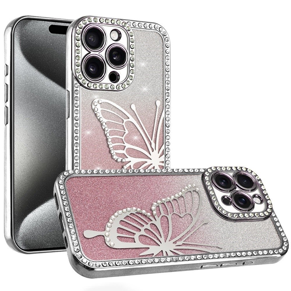 For Apple iPhone 15 Pro Max Electroplated Butterfly With Diamonds Glitter Shimmer Hybrid Case - Image 5