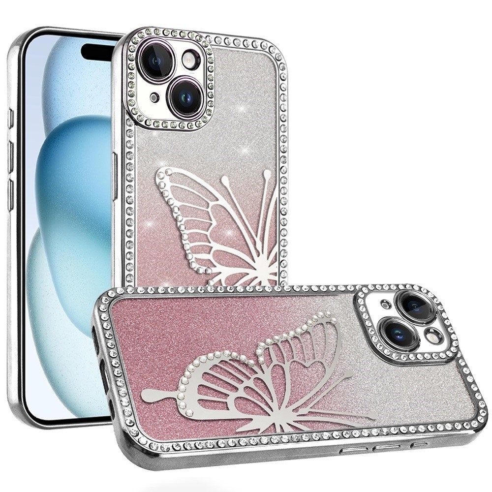 For Apple iPhone 15 Electroplated Butterfly With Diamonds Glitter Shimmer Hybrid Case - Image 5