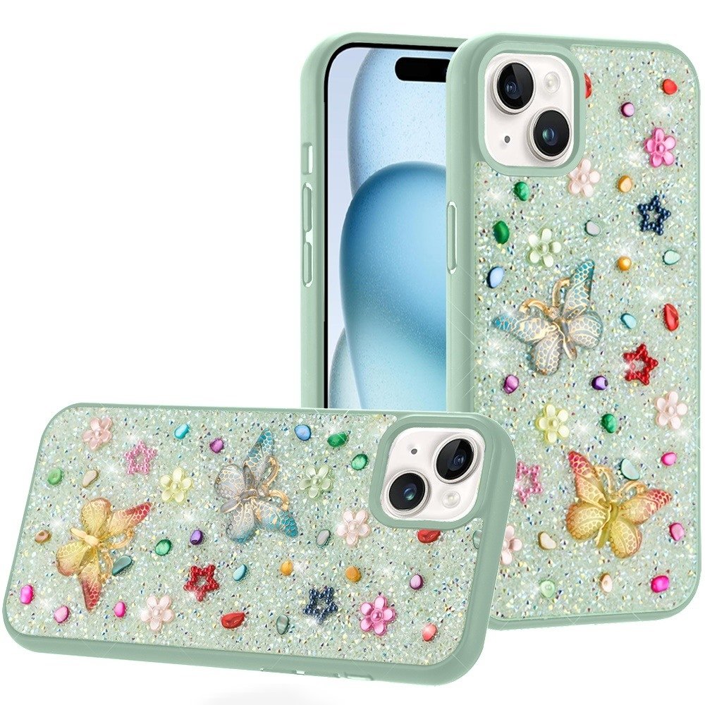 For Apple iPhone 15 Butterfly Ornaments Diamond Bling Glitter Hybrid Case