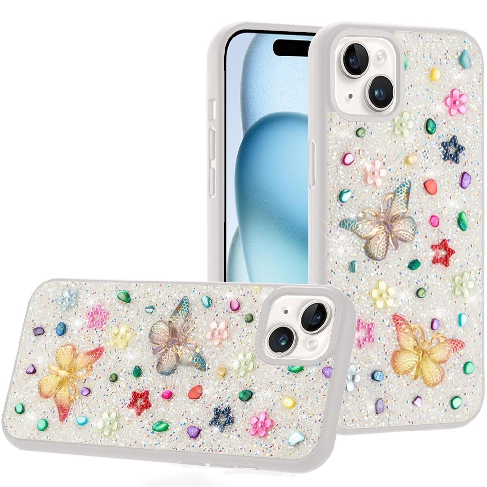 For Apple iPhone 15 Butterfly Ornaments Diamond Bling Glitter Hybrid Case - Image 4