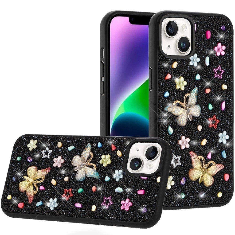 For Apple iPhone 14/13 Butterfly Ornaments Diamond Bling Glitter Hybrid Case - Image 2