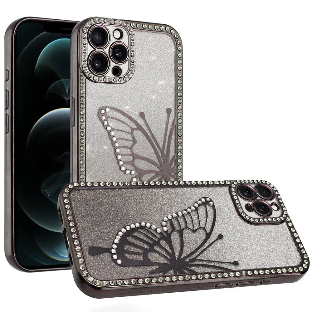 For Apple iPhone 12 Pro Max 6.7 Electroplated Butterfly With Diamonds Glitter Shimmer Hybrid Case - Image 3