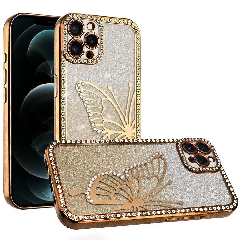 For Apple iPhone 12 Pro Max 6.7 Electroplated Butterfly With Diamonds Glitter Shimmer Hybrid Case