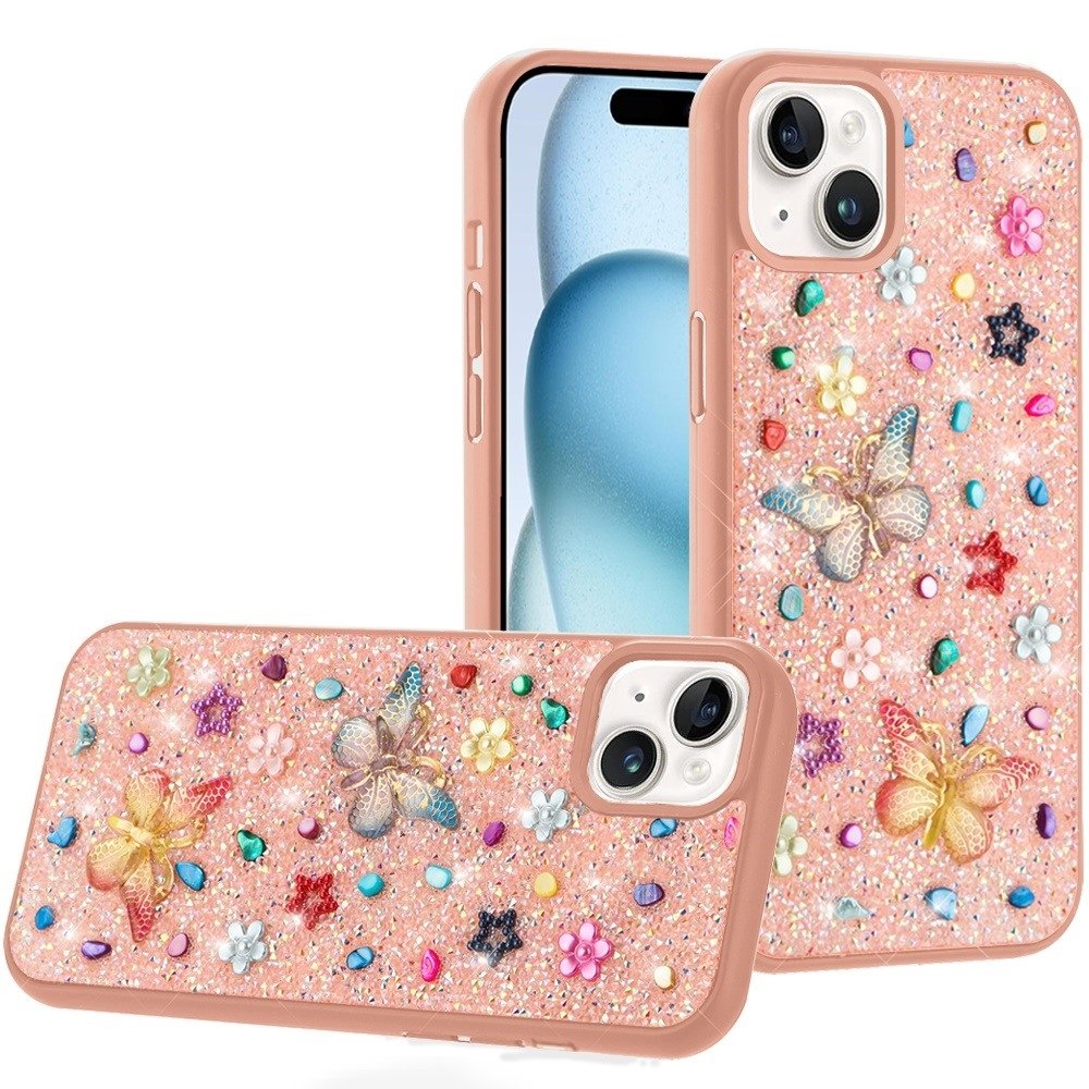 For Apple iPhone 15 Butterfly Ornaments Diamond Bling Glitter Hybrid Case - Image 2