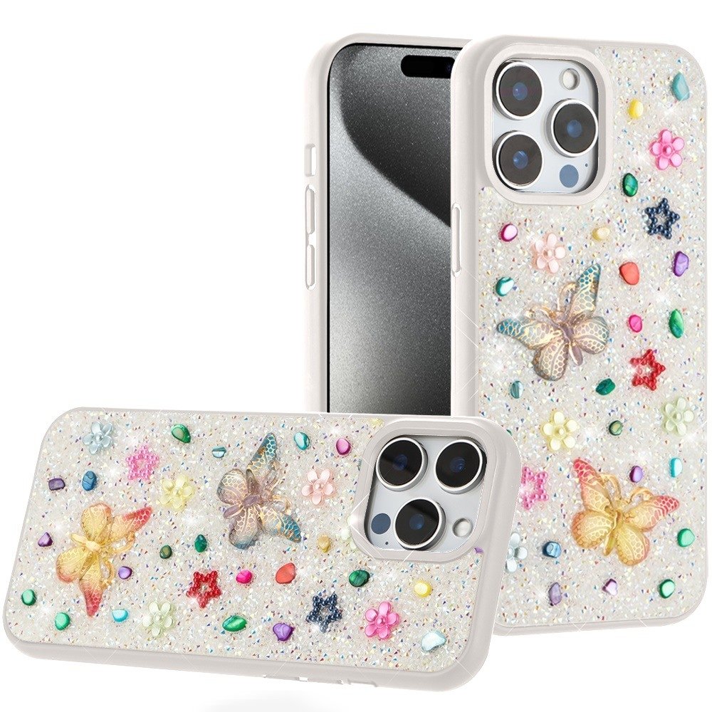 For Apple iPhone 15 Pro Max Butterfly Ornaments Diamond Bling Glitter Hybrid Case