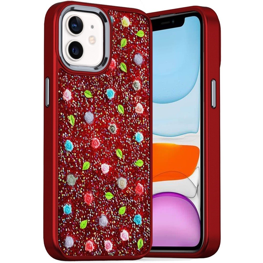 For Apple iPhone 11 (XI6.1) Stick-On Embedded Glass Diamonds of Colorful Floral Arrangement HQ Hybrid Case - Image 2