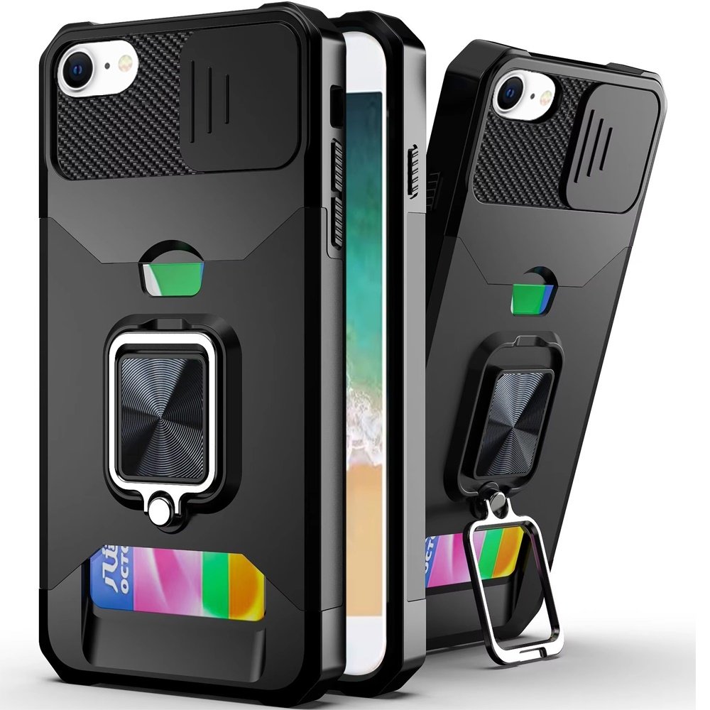 For Apple iPhone 16E / SE4 Multi-Functional Card Magnetic Ring Stand Hybrid Camera Case Cover - Image 2