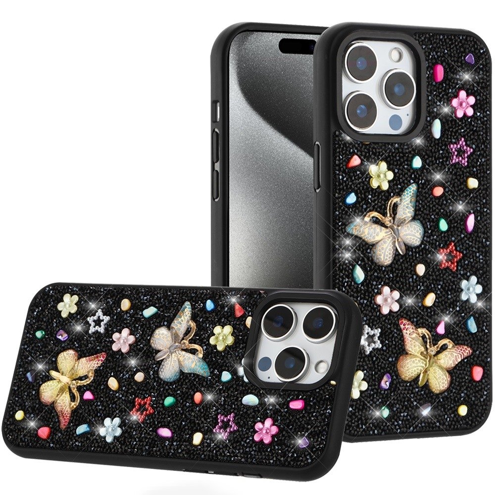 For Apple iPhone 15 Pro Max Butterfly Ornaments Diamond Bling Glitter Hybrid Case - Image 2