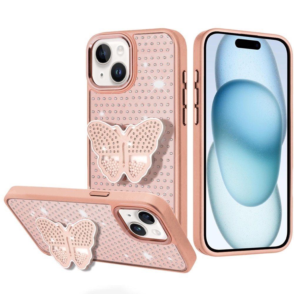 For Apple iPhone 15 Butterfly Moveable Grip Stand With Small Diamonds Meta Buttons HQ Hybrid - Image 4