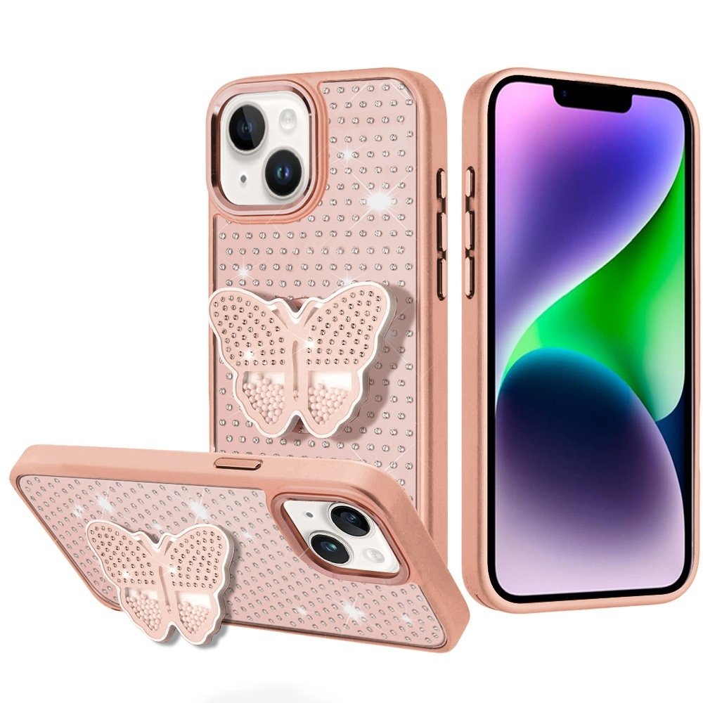 For Apple iPhone 13/14 Butterfly Moveable Grip Stand With Small Diamonds Meta Buttons HQ Hybrid