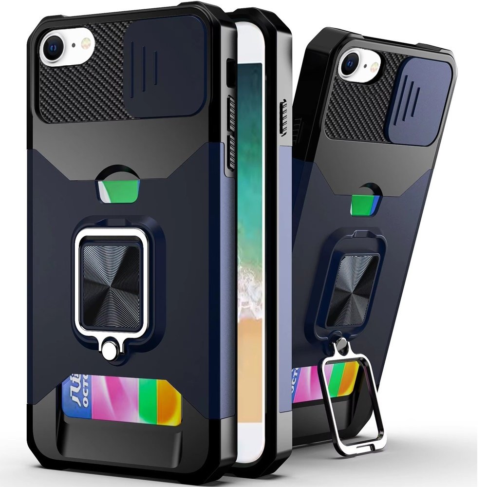 For Apple iPhone 16E / SE4 Multi-Functional Card Magnetic Ring Stand Hybrid Camera Case Cover