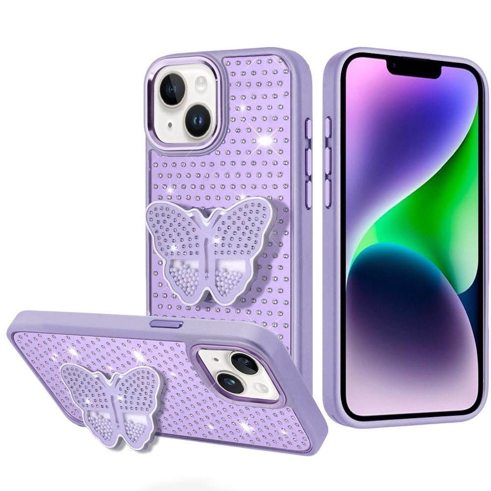 For Apple iPhone 13/14 Butterfly Moveable Grip Stand With Small Diamonds Meta Buttons HQ Hybrid - Image 3