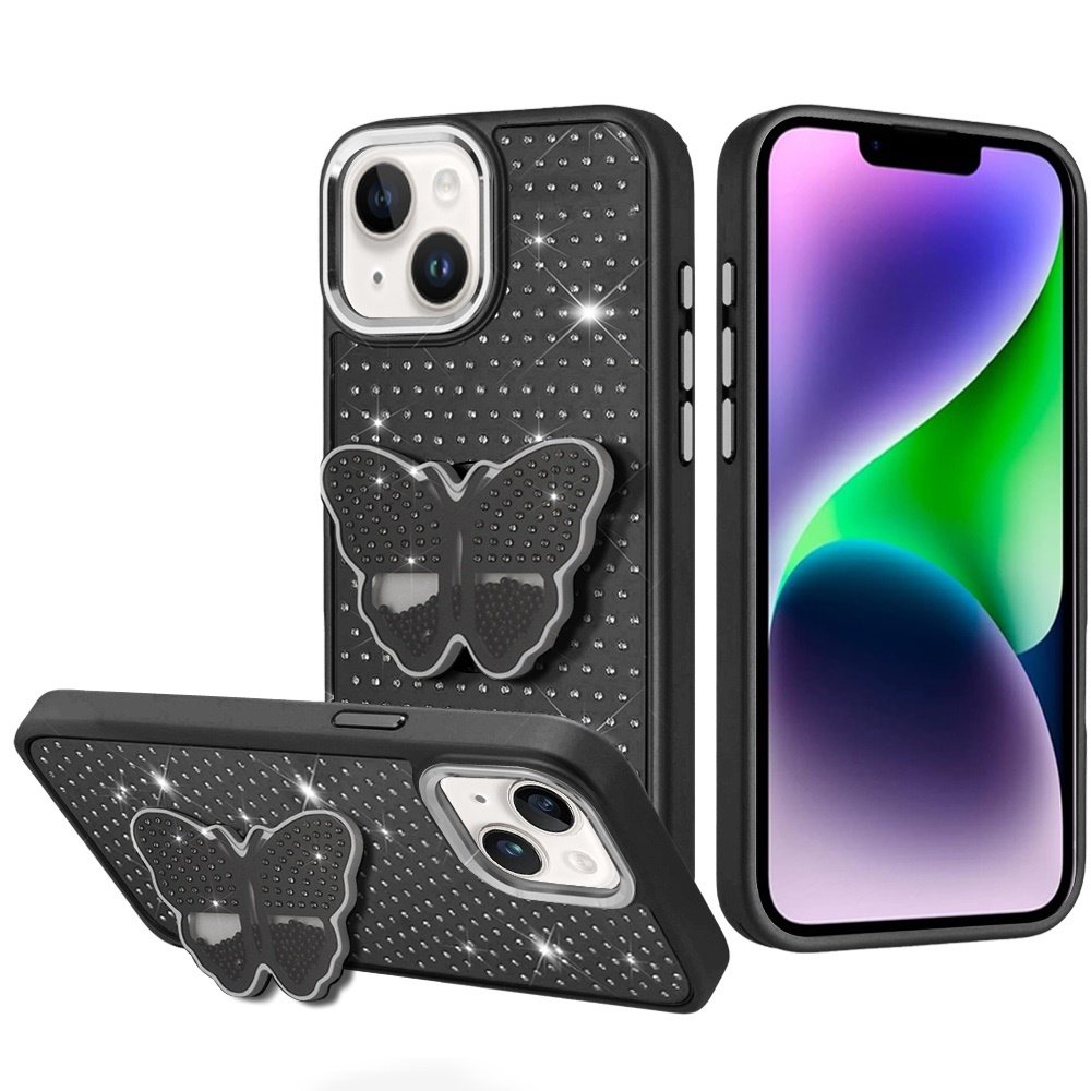 For Apple iPhone 13/14 Butterfly Moveable Grip Stand With Small Diamonds Meta Buttons HQ Hybrid - Image 4