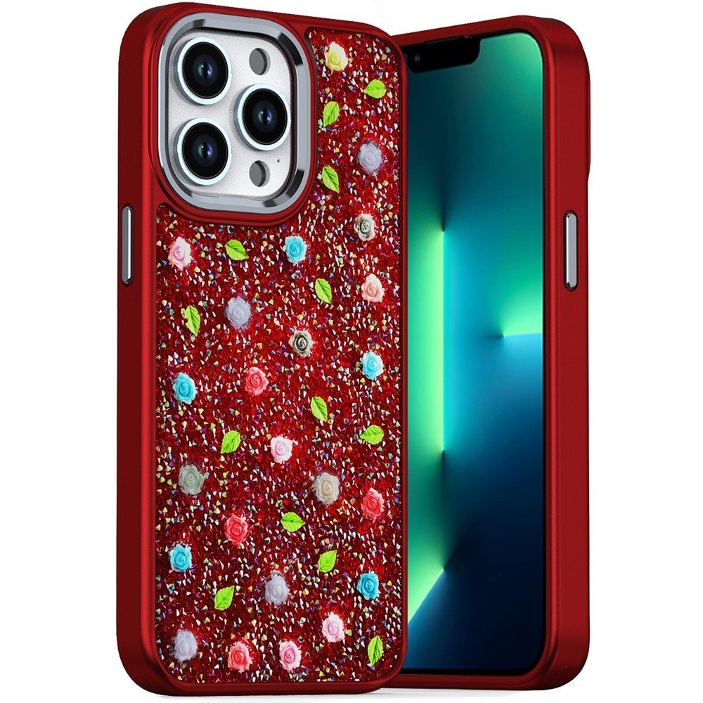 For Apple iPhone 13 Pro Max Stick-On Embedded Glass Diamonds of Colorful Floral Arrangement HQ Hybrid Case