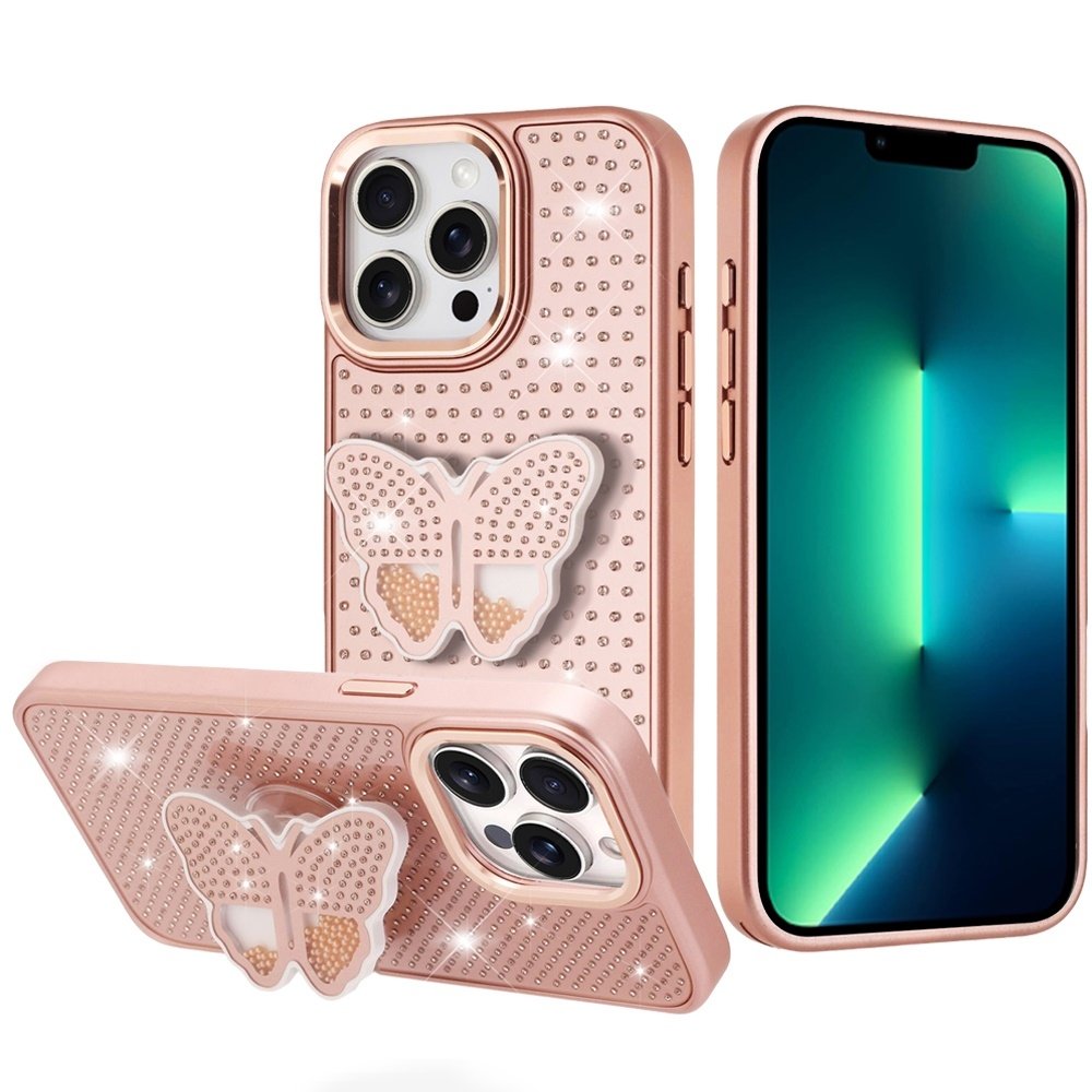 For Apple iPhone 13 Pro Max Butterfly Moveable Grip Stand With Small Diamonds Meta Buttons HQ Hybrid - Image 3