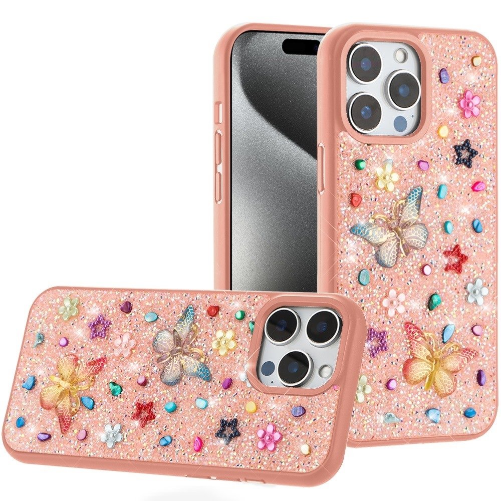 For Apple iPhone 15 Pro Max Butterfly Ornaments Diamond Bling Glitter Hybrid Case - Image 3