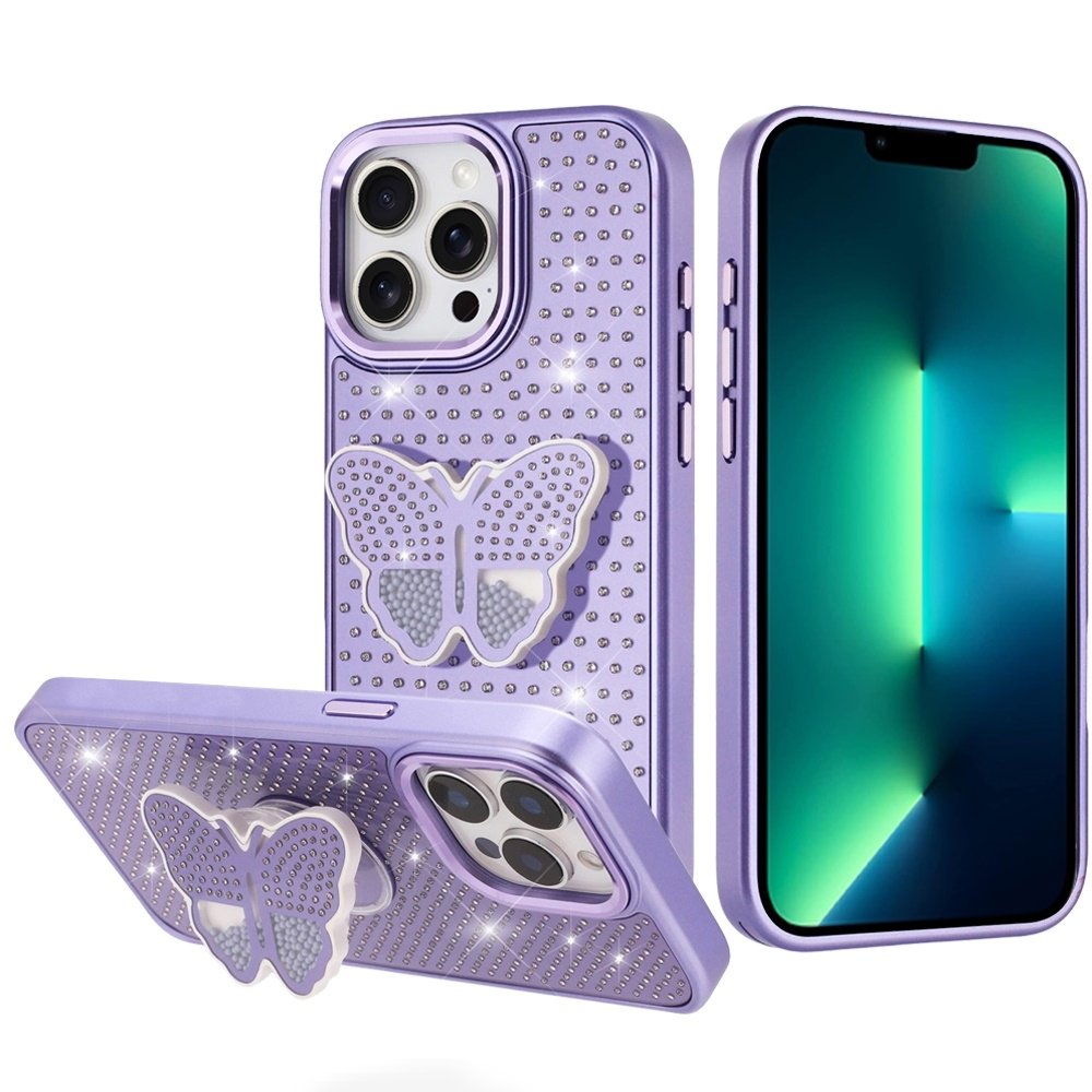 For Apple iPhone 13 Pro Max Butterfly Moveable Grip Stand With Small Diamonds Meta Buttons HQ Hybrid