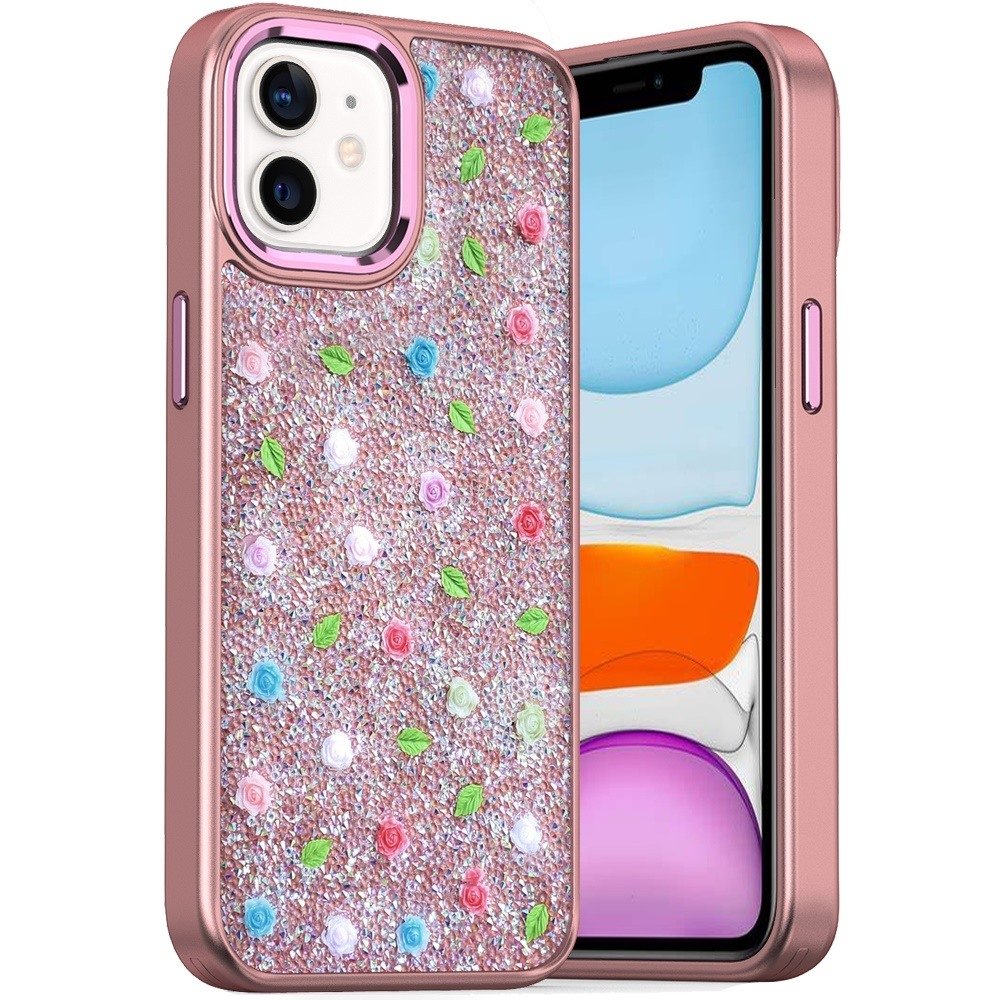 For Apple iPhone 11 (XI6.1) Stick-On Embedded Glass Diamonds of Colorful Floral Arrangement HQ Hybrid Case - Image 3