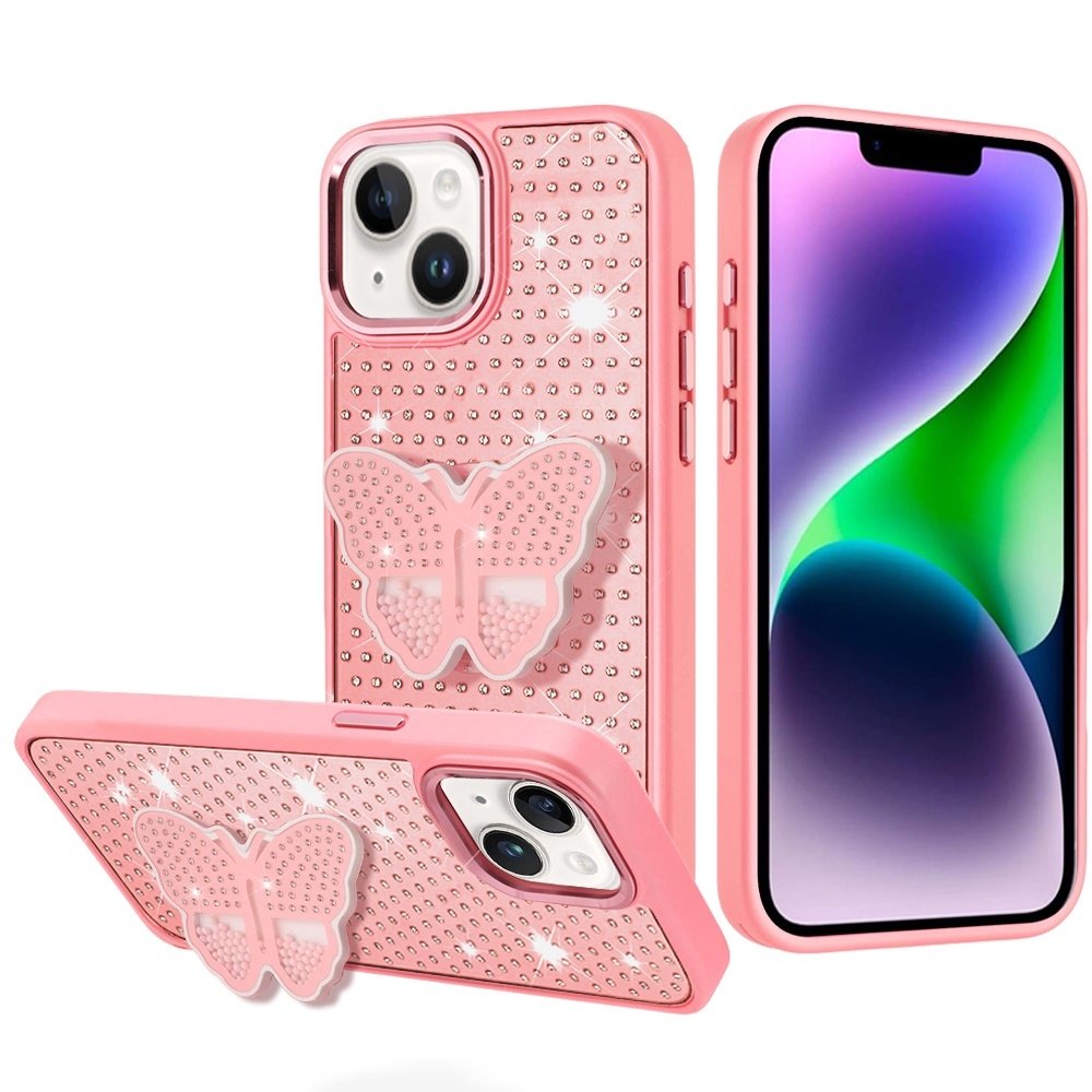 For Apple iPhone 13/14 Butterfly Moveable Grip Stand With Small Diamonds Meta Buttons HQ Hybrid - Image 2