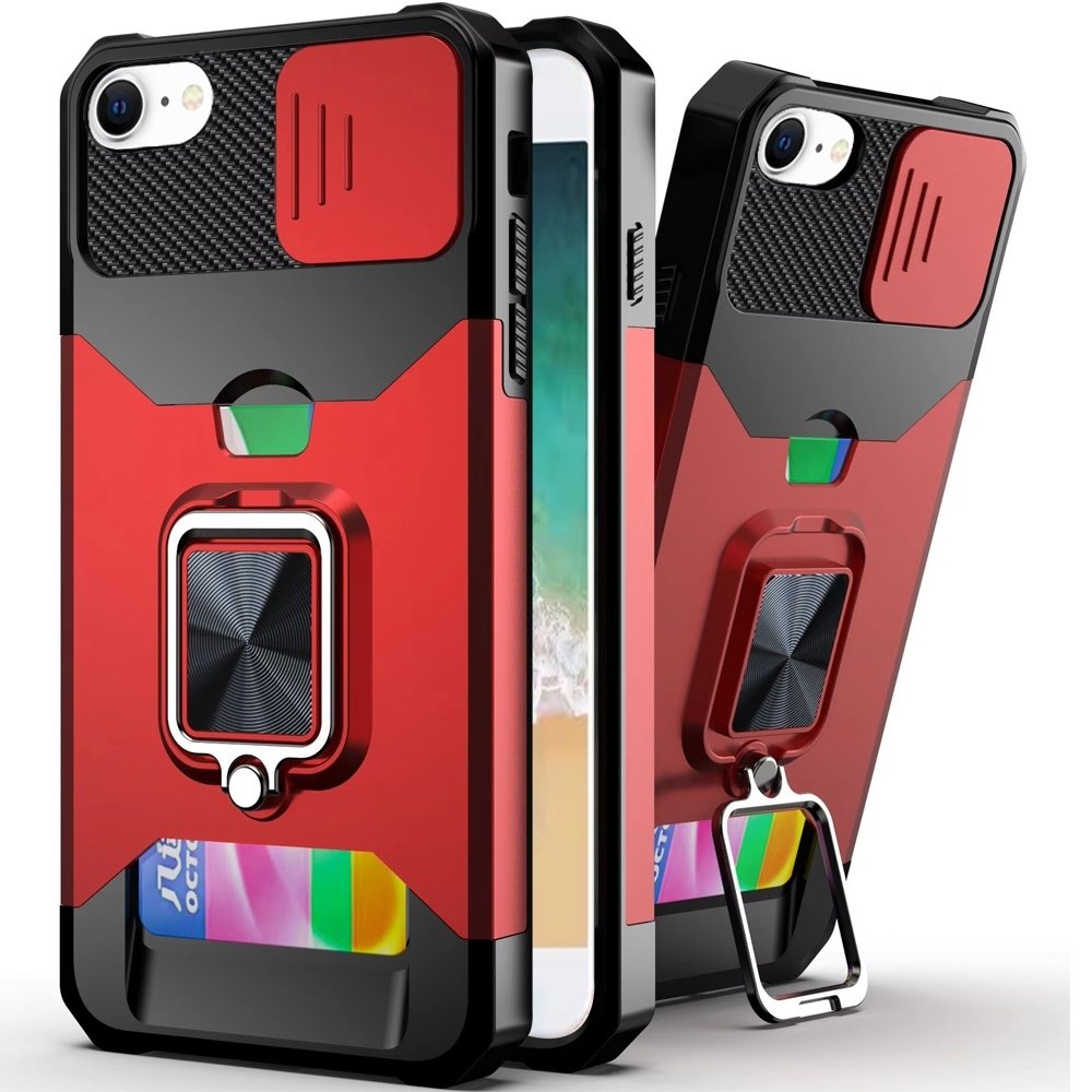 For Apple iPhone 16E / SE4 Multi-Functional Card Magnetic Ring Stand Hybrid Camera Case Cover - Image 3