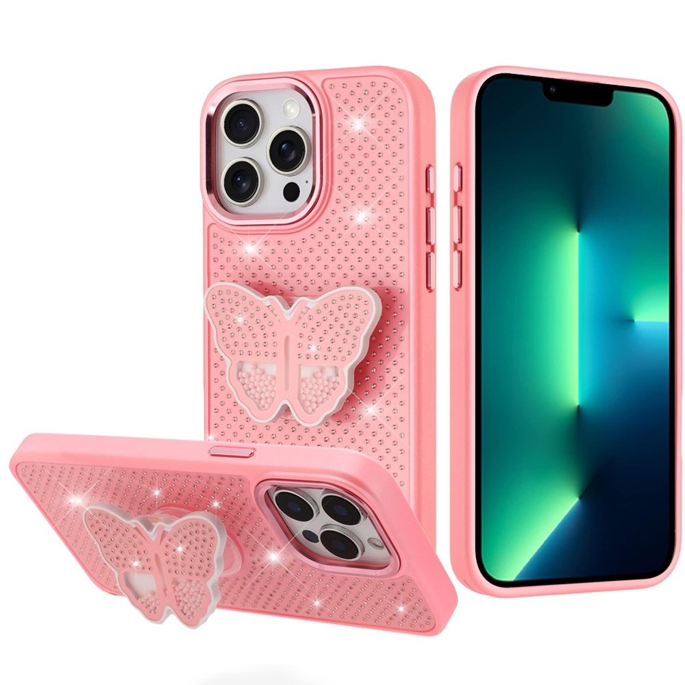 For Apple iPhone 13 Pro Max Butterfly Moveable Grip Stand With Small Diamonds Meta Buttons HQ Hybrid - Image 2