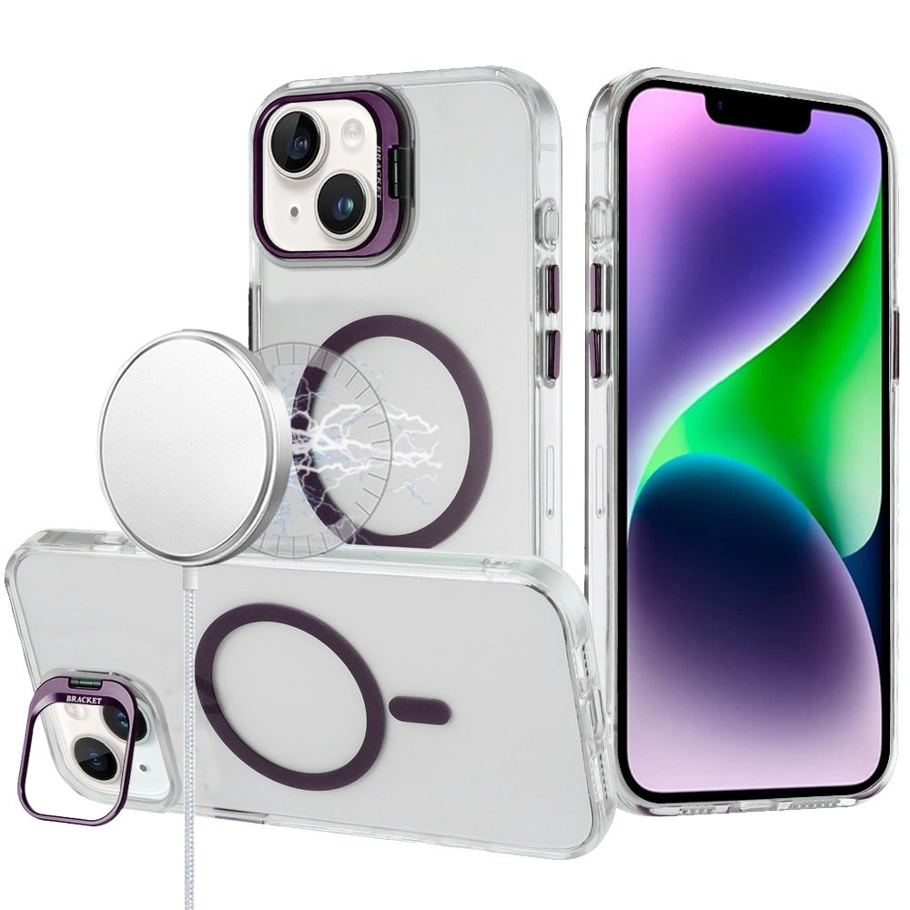 For Apple iPhone 13/14 Transparent HQ Hybrid with Metallic Camera Stand Magnetic Ring Case - Image 2