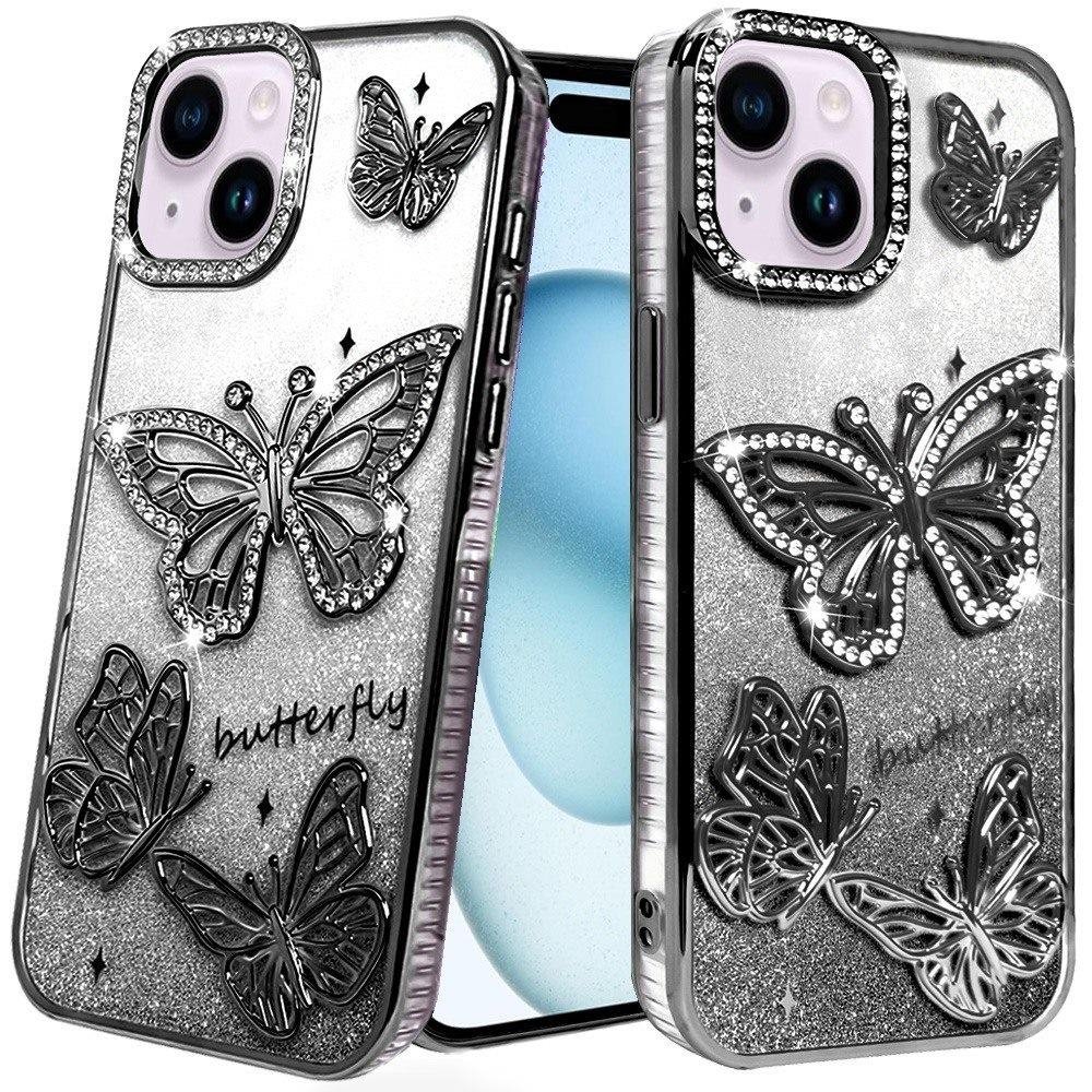For Apple iPhone 15 Plus/iPhone 14 Plus Butterfly Freedom Shimmer Glitter Thick TPU Case Cover