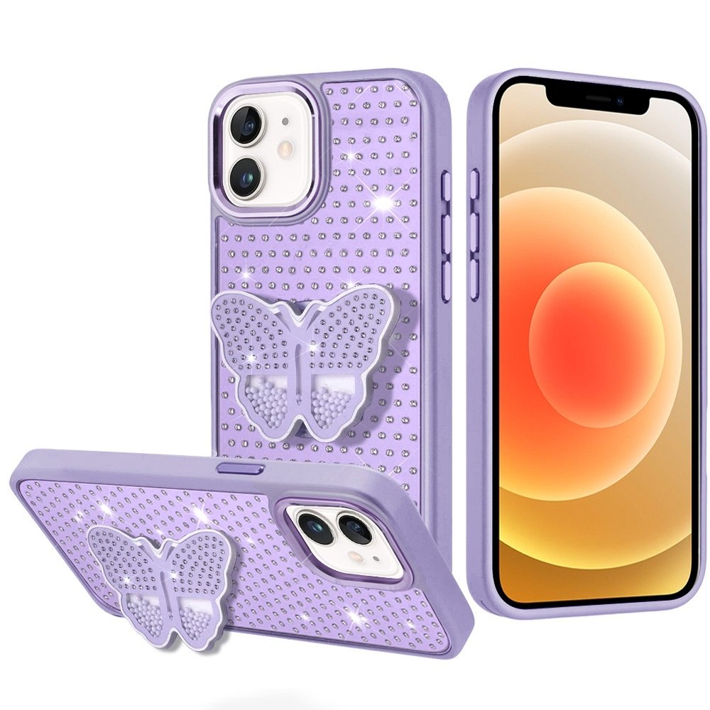 For Apple iPhone 12 & iPhone 12 Pro Butterfly Moveable Grip Stand With Small Diamonds Meta Buttons HQ Hybrid - Image 4