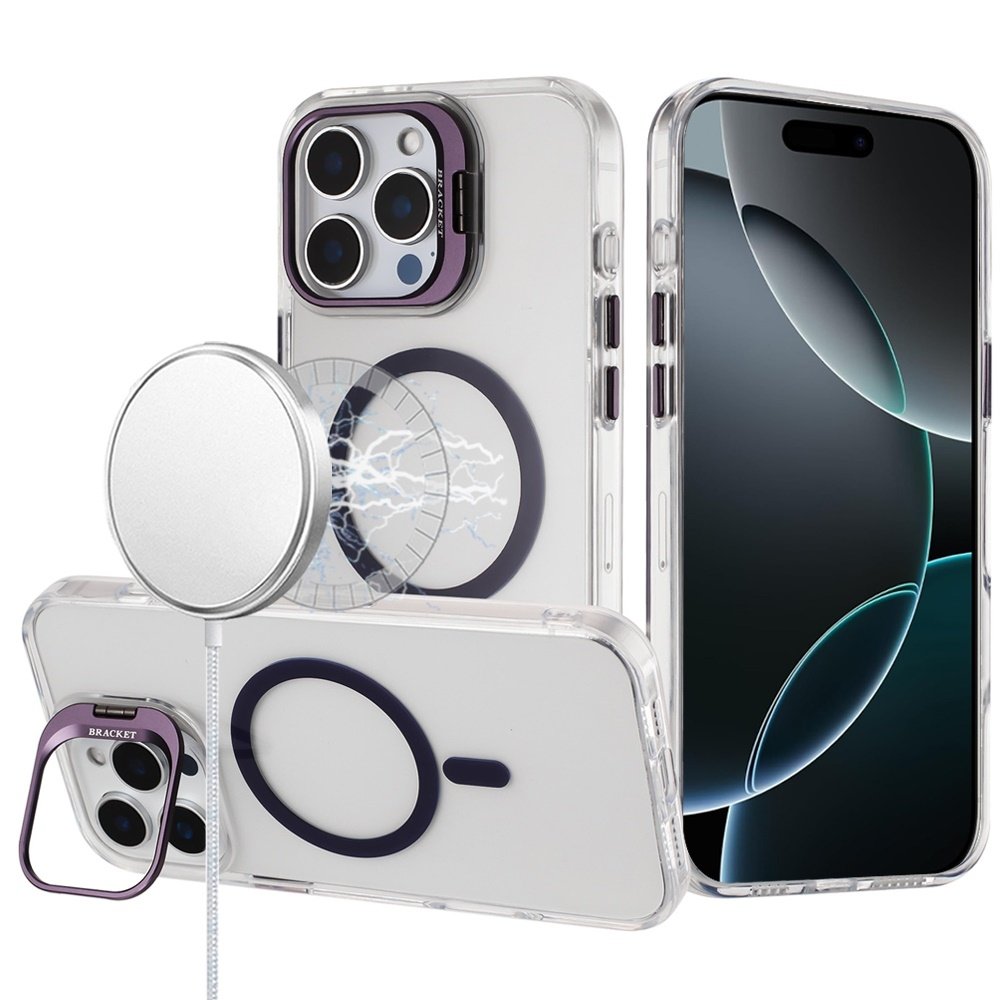 For Apple iPhone 16 Pro Max 6.9 Transparent HQ Hybrid with Metallic Camera Stand Magnetic Ring Case