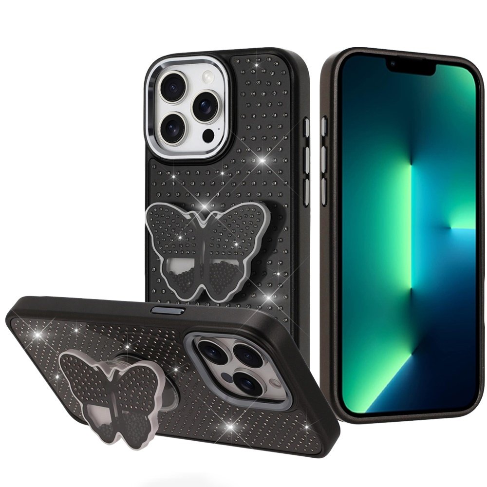 For Apple iPhone 13 Pro Max Butterfly Moveable Grip Stand With Small Diamonds Meta Buttons HQ Hybrid - Image 4