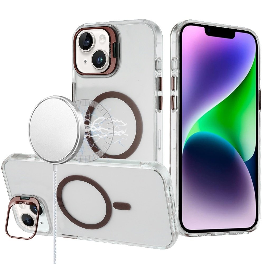 For Apple iPhone 13/14 Transparent HQ Hybrid with Metallic Camera Stand Magnetic Ring Case - Image 4
