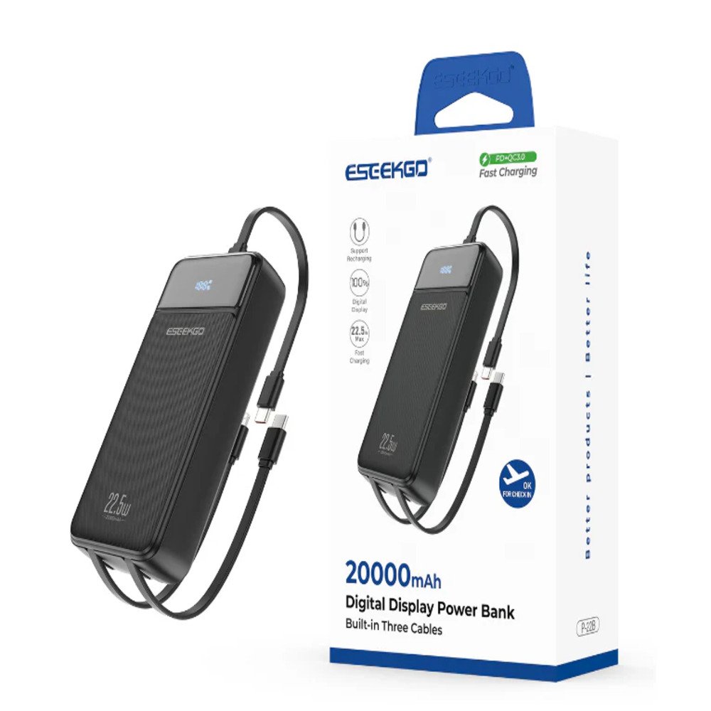ESEEKGO P-22B PD20W 20000mAh Power Bank With Built-in 3 Cable