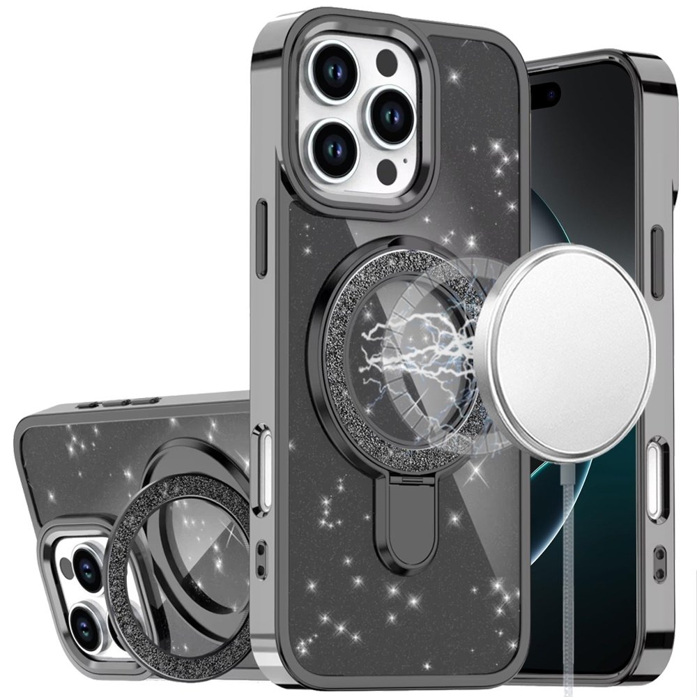 For Apple iPhone 16 Pro Max 6.9 Transparent Glitter Rotaional Magnetic Ring Stand HQ Hybrid