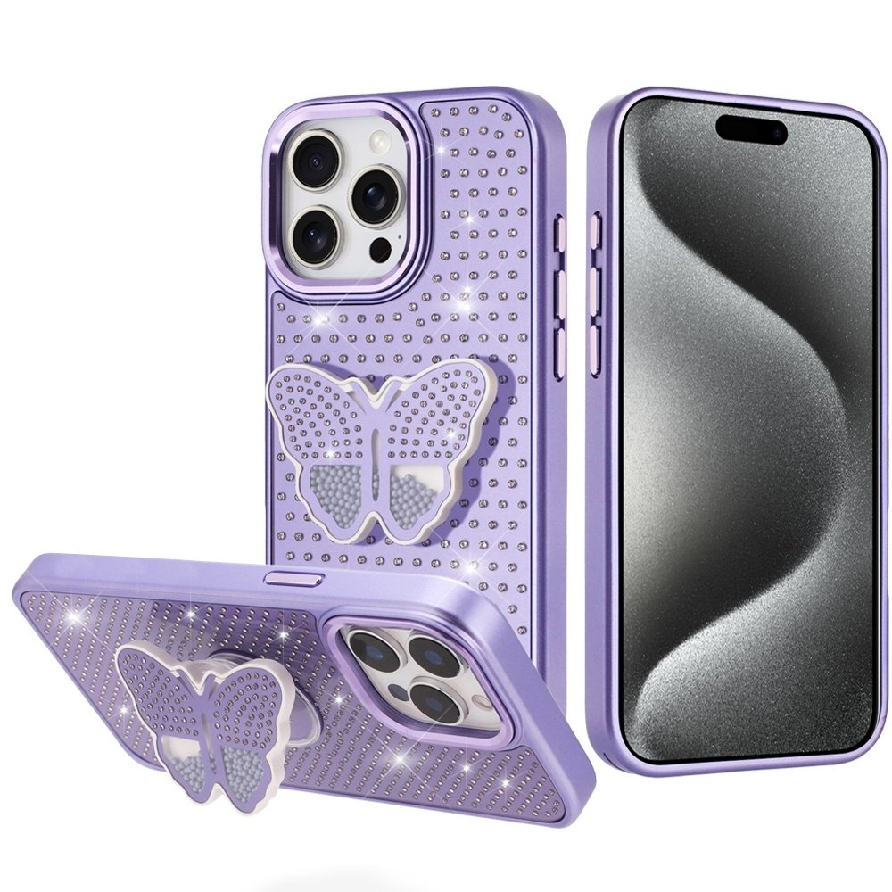 For Apple iPhone 15 Pro Max Butterfly Moveable Grip Stand With Small Diamonds Meta Buttons HQ Hybrid