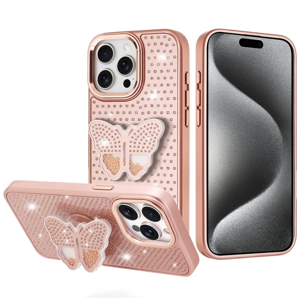 For Apple iPhone 15 Pro Max Butterfly Moveable Grip Stand With Small Diamonds Meta Buttons HQ Hybrid - Image 3