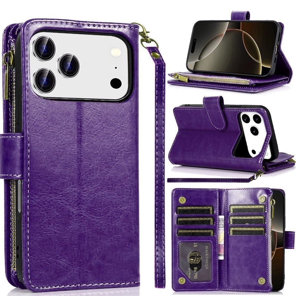 For Apple iPhone 17 Pro Max Luxury Wallet Card ID Zipper Money Holder Case Cover
