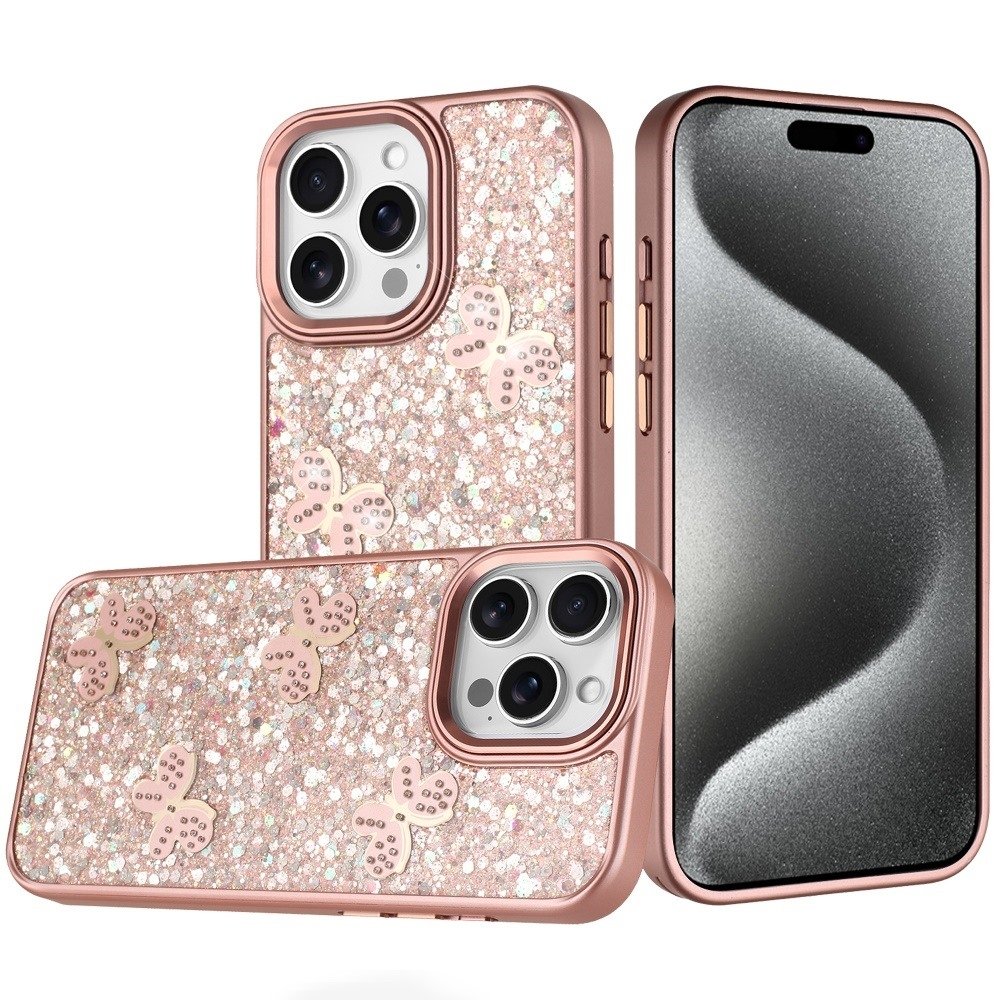 For Apple iPhone 15 Pro Max Cute Butterfly Ornaments Diamonds Shimmer Matching Metallic HQ Hybrid - Image 2