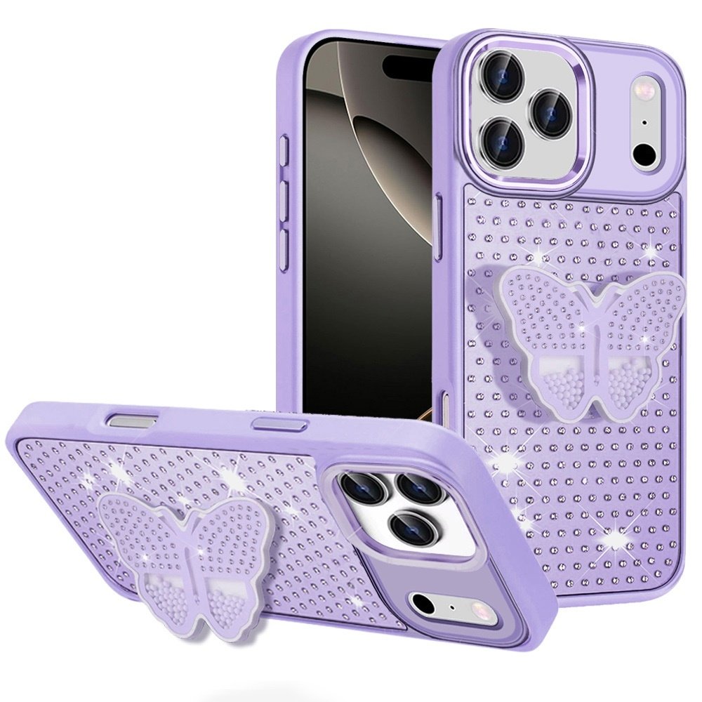 For Apple iPhone 17 Pro Butterfly Moveable Grip Stand With Small Diamonds Meta Buttons HQ Hybrid
