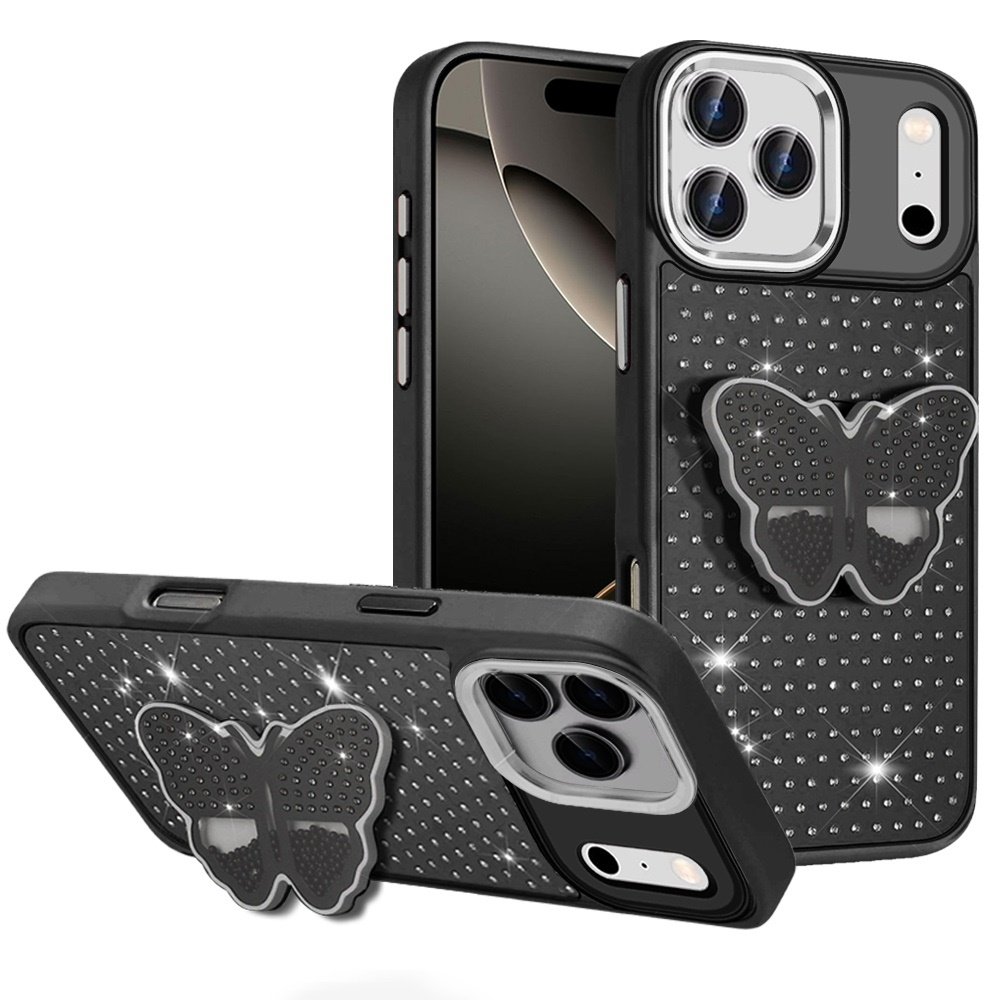 For Apple iPhone 17 Pro Max Butterfly Moveable Grip Stand With Small Diamonds Meta Buttons HQ Hybrid - Image 4