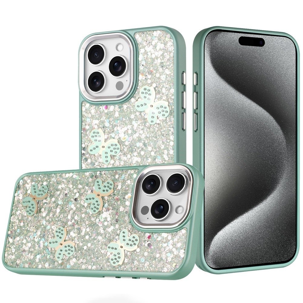 For Apple iPhone 15 Pro Max Cute Butterfly Ornaments Diamonds Shimmer Matching Metallic HQ Hybrid - Image 3