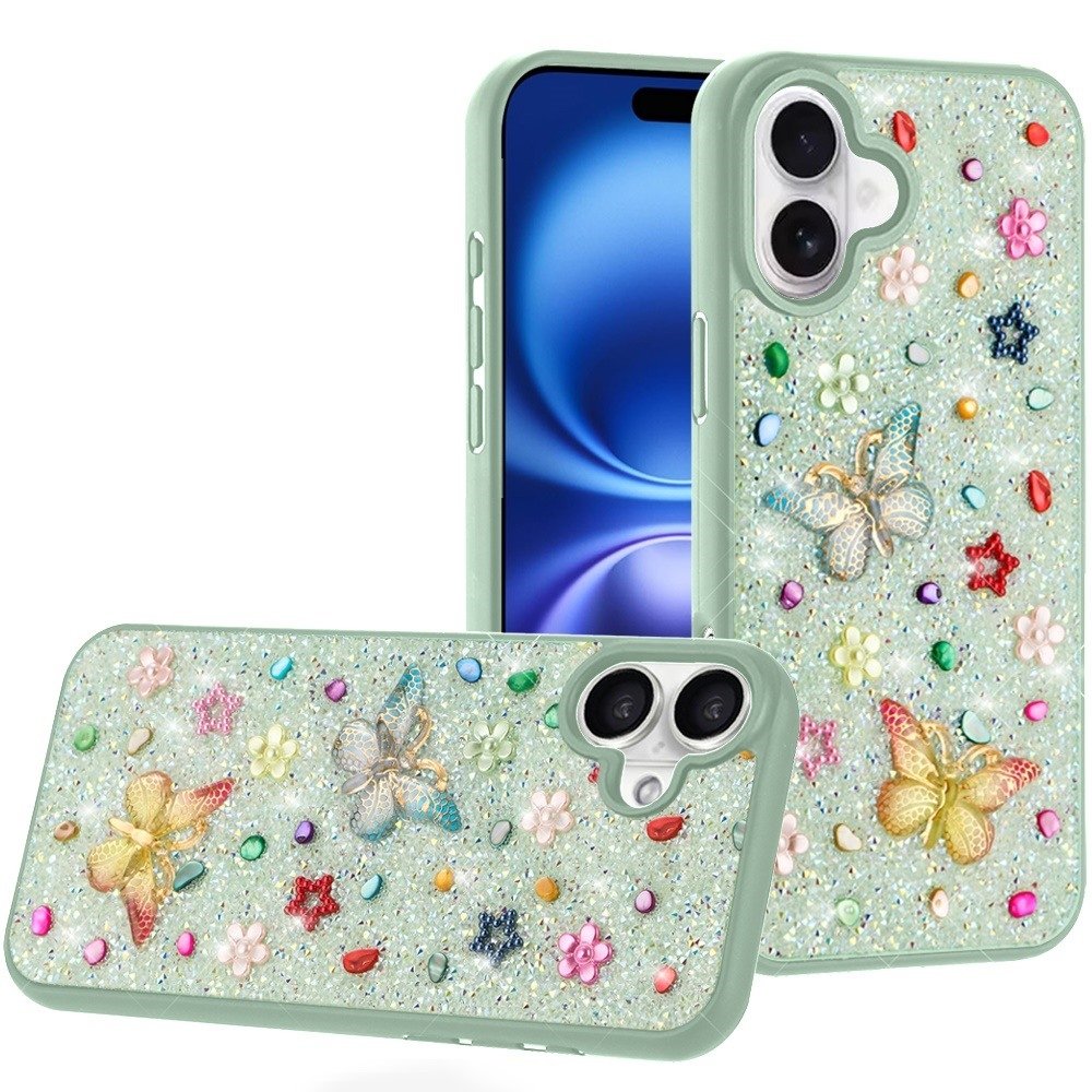 For Apple iPhone 17 Butterfly Ornaments Diamond Bling Glitter Hybrid Case - Image 4