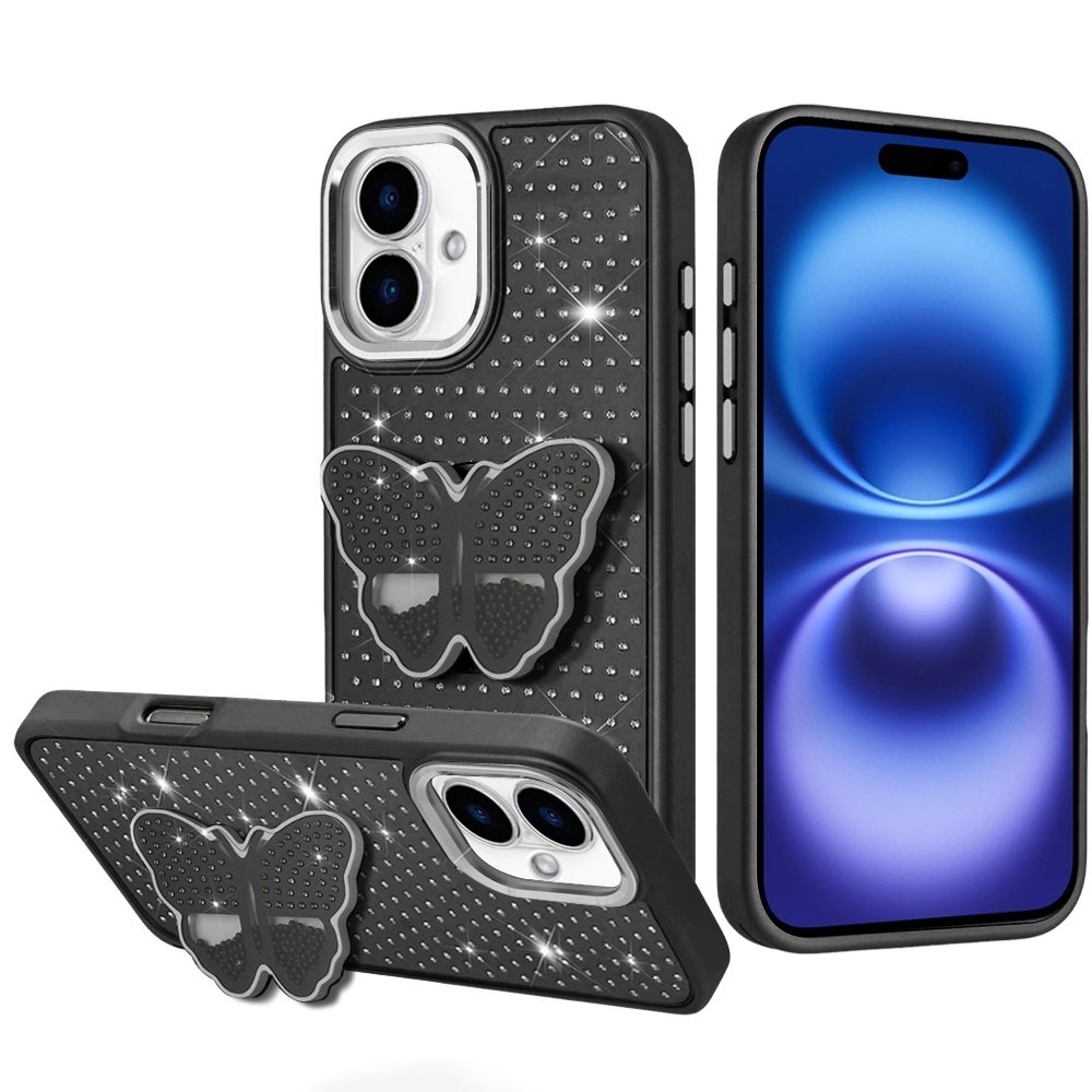 For Apple iPhone 17 Butterfly Moveable Grip Stand With Small Diamonds Meta Buttons HQ Hybrid