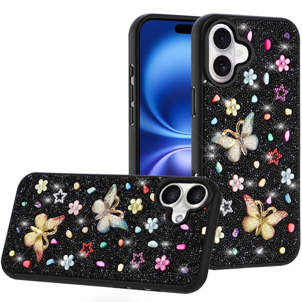 For Apple iPhone 17 Butterfly Ornaments Diamond Bling Glitter Hybrid Case