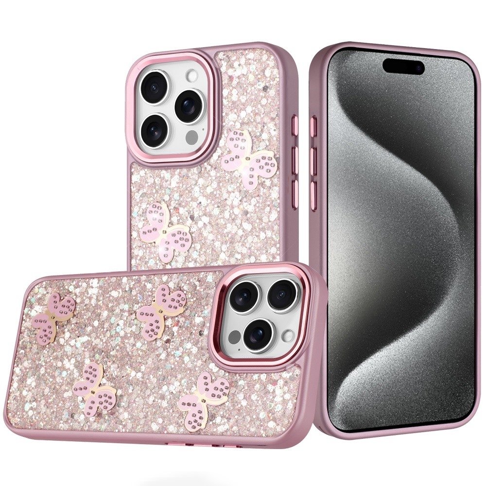 For Apple iPhone 15 Pro Max Cute Butterfly Ornaments Diamonds Shimmer Matching Metallic HQ Hybrid - Image 5