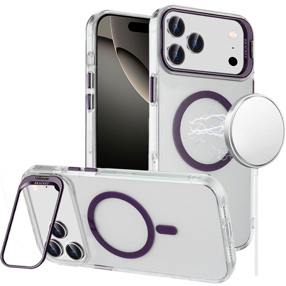 For Apple iPhone 17 Pro Max Transparent HQ Hybrid with Metallic Camera Stand Magnetic Ring Case