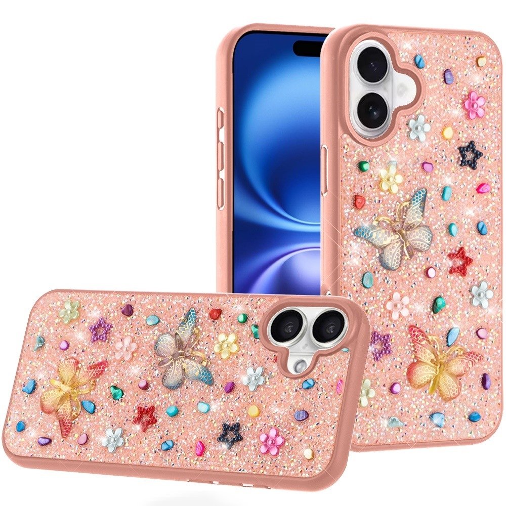 For Apple iPhone 17 Butterfly Ornaments Diamond Bling Glitter Hybrid Case - Image 2