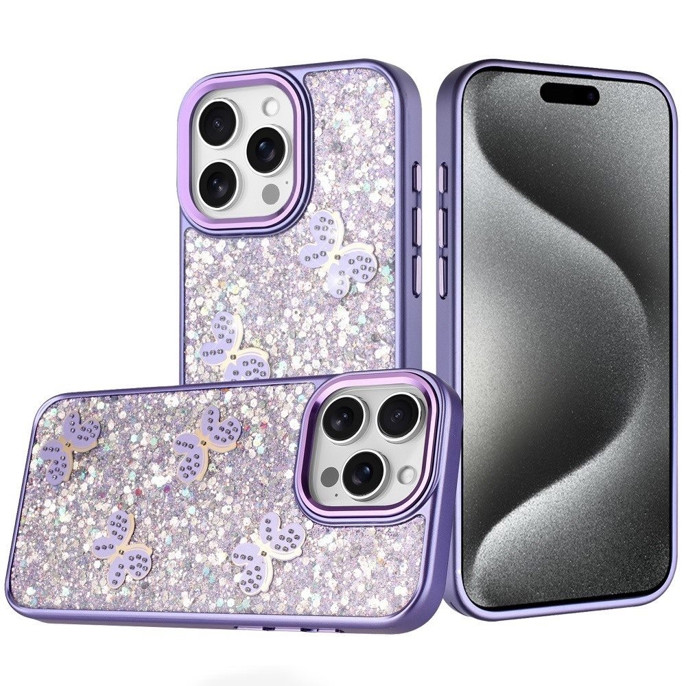 For Apple iPhone 15 Pro Max Cute Butterfly Ornaments Diamonds Shimmer Matching Metallic HQ Hybrid - Image 4