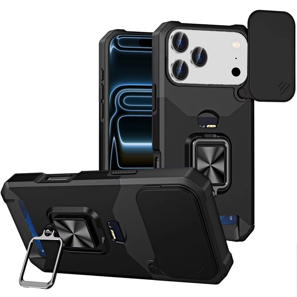 For Apple iPhone 17 Pro Max Multi-Functional Card Magnetic Ring Stand Hybrid Camera Case Cover - Image 2