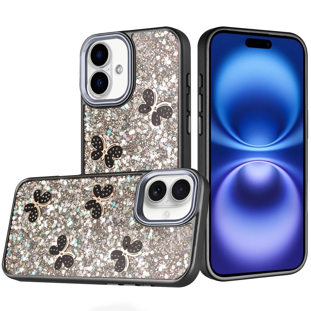 For Apple iPhone 17 Cute Butterfly Ornaments Diamonds Shimmer Matching Metallic HQ Hybrid